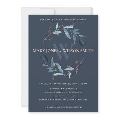 NAVY BLUE PINK FOLIAGE WREATH COUPLES SHOWER Invitations