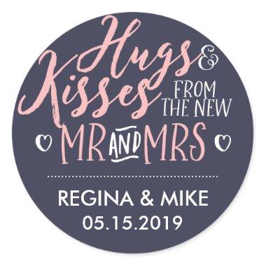Navy Blue Pink Hug and Kisses From New Mr and Mrs Classic Round Sticker