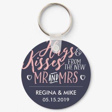 Navy Blue Pink Hug and Kisses From New Mr and Mrs Keychain
