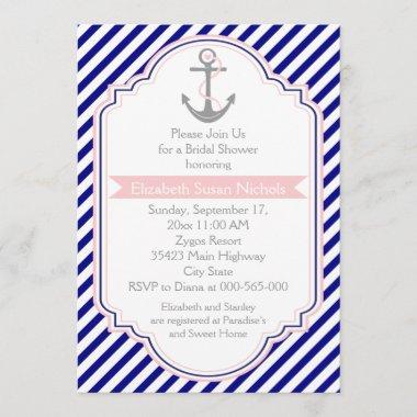 Navy blue, pink nautical wedding bridal shower Invitations