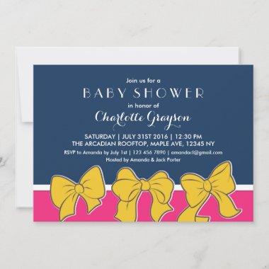 Navy Blue Pink Ribbons Bows Baby Shower Invitations