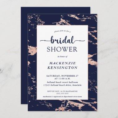 Navy Blue Pink Rose Gold Foil Marble Bridal Shower Invitations