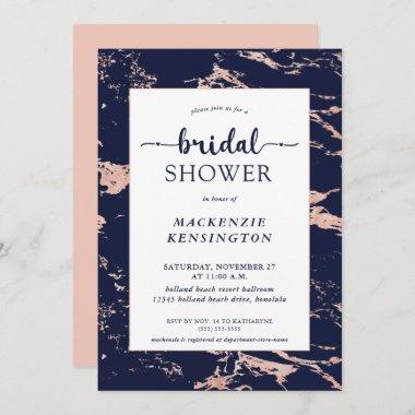 Navy Blue Pink Rose Gold Foil Marble Bridal Shower Invitations