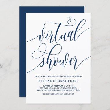 Navy Blue Pretty Script Virtual Bridal Shower Invitations