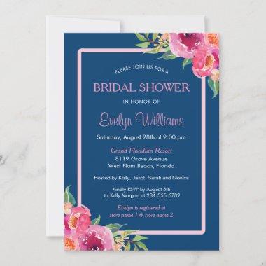 Navy Blue Purple Pink Floral Classy Bridal Shower Invitations