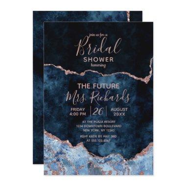 Navy Blue Rose Gold Agate Bridal Shower Invitations