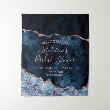 Navy Blue Rose Gold Agate Bridal Shower Welcome Tapestry