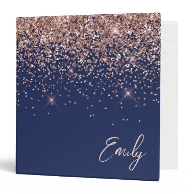 Navy Blue Rose Gold Blush Pink Glitter Monogram 3 Ring Binder