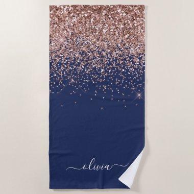 Navy Blue Rose Gold Blush Pink Glitter Monogram Beach Towel