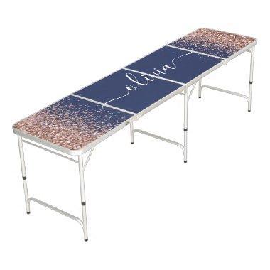 Navy Blue Rose Gold Blush Pink Glitter Monogram Beer Pong Table