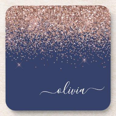 Navy Blue Rose Gold Blush Pink Glitter Monogram Beverage Coaster