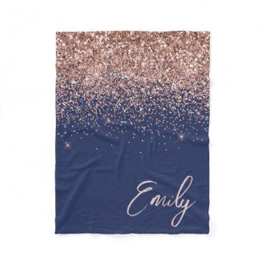 Navy Blue Rose Gold Blush Pink Glitter Monogram Fleece Blanket