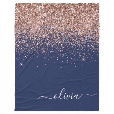 Navy Blue Rose Gold Blush Pink Glitter Monogram Fleece Blanket