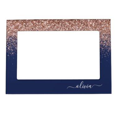 Navy Blue Rose Gold Blush Pink Glitter Monogram Magnetic Frame