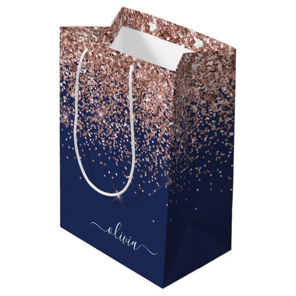 Navy Blue Rose Gold Blush Pink Glitter Monogram Medium Gift Bag