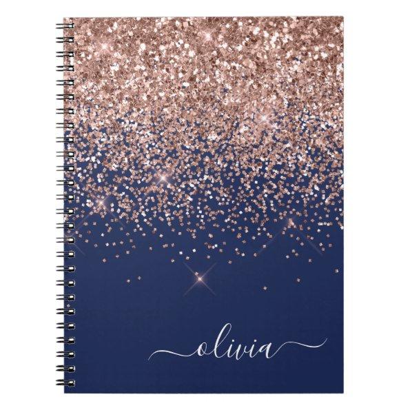 Navy Blue Rose Gold Blush Pink Glitter Monogram Notebook