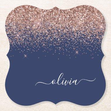 Navy Blue Rose Gold Blush Pink Glitter Monogram Paper Coaster