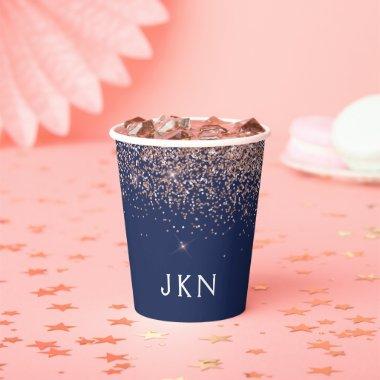 Navy Blue Rose Gold - Blush Pink Glitter Monogram Paper Cups