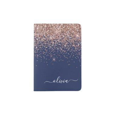 Navy Blue Rose Gold Blush Pink Glitter Monogram Passport Holder