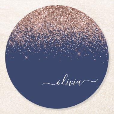 Navy Blue Rose Gold Blush Pink Glitter Monogram Round Paper Coaster