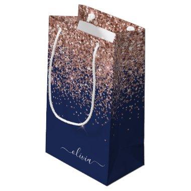 Navy Blue Rose Gold Blush Pink Glitter Monogram Small Gift Bag