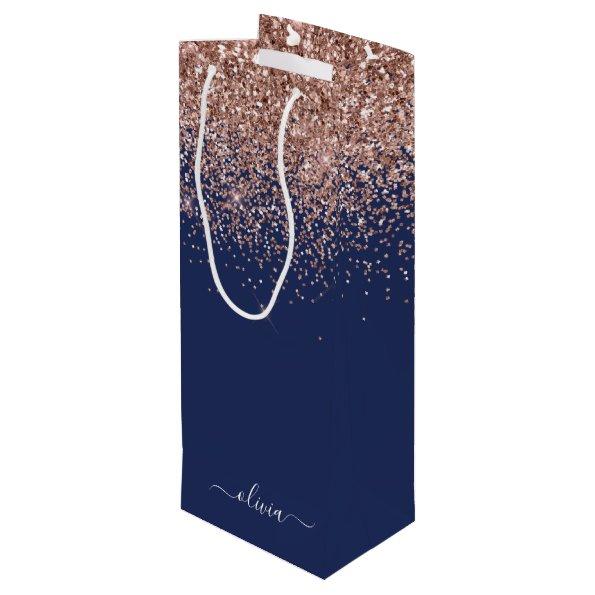 Navy Blue Rose Gold Blush Pink Glitter Monogram Wine Gift Bag