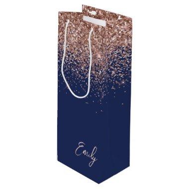 Navy Blue Rose Gold Blush Pink Glitter Monogram Wine Gift Bag