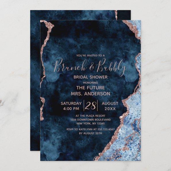 Navy Blue Rose Gold Brunch & Bubbly Bridal Shower Invitations
