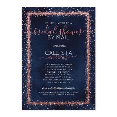 Navy Blue Rose Gold Confetti Bridal Shower by Mail Invitations