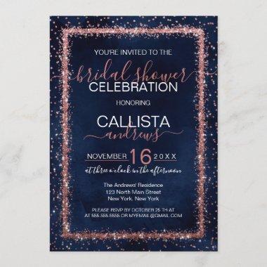 Navy Blue Rose Gold Confetti Bridal Shower Invitations