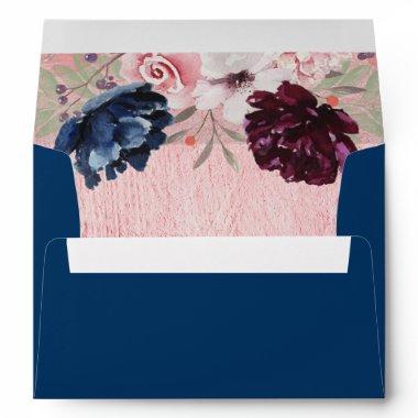 Navy Blue | Rose Gold Floral Wedding Envelope