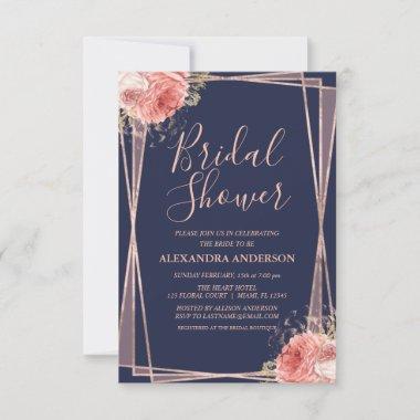 Navy Blue Rose Gold Floral Bridal Shower Invitations