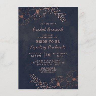 Navy Blue & Rose Gold Foil Bridal Brunch Shower Invitations
