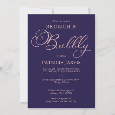 Navy Blue Rose Gold Foil Brunch And Bubbly Invitations