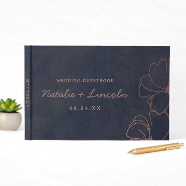 Navy Blue & Rose Gold Foil Floral Border Wedding Guest Book