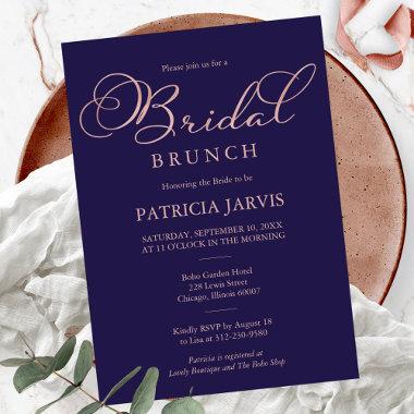 Navy Blue Rose Gold Foil Script Bridal Brunch Invitations