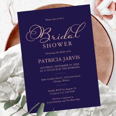 Navy Blue Rose Gold Foil Script Bridal Shower Invitations