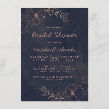 Navy Blue & Rose Gold Foil Wedding Bridal Shower Invitations