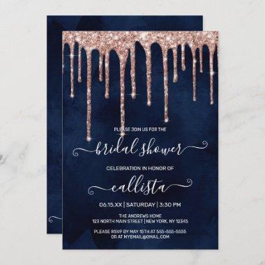 Navy Blue Rose Gold Glitter Drips Bridal Shower Invitations