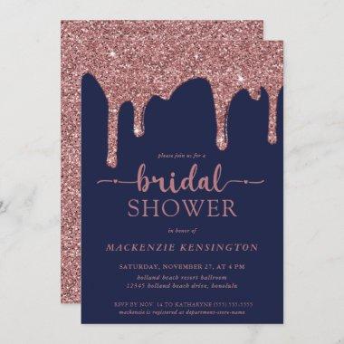 Navy Blue Rose Gold Glitter Drips Bridal Shower Invitations