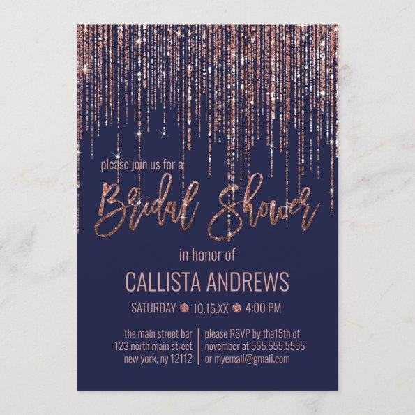 Navy Blue Rose Gold Glitter Fringe Bridal Shower Invitations