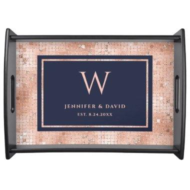 Navy Blue Rose Gold Glitter Monogram Wedding Serving Tray