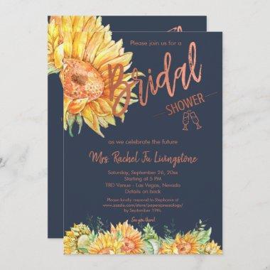 Navy Blue Rose Gold Sunflower Bridal Shower Detail Invitations