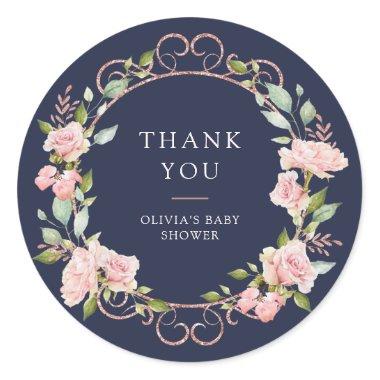 Navy Blue | Roses Baby Shower or Baptism Thank You Classic Round Sticker