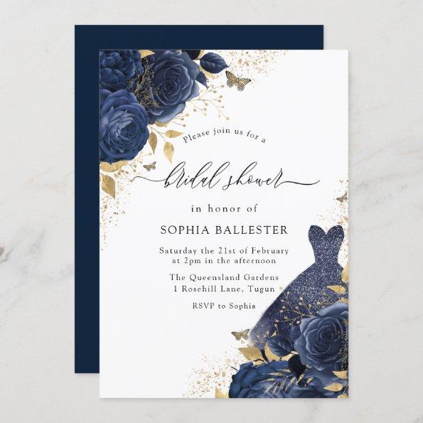 Navy Blue Roses & Dress Gold Bridal Shower Invitations