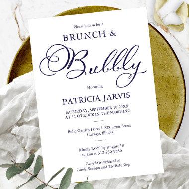 Navy Blue Script Brunch And Bubbly Bridal Shower Invitations