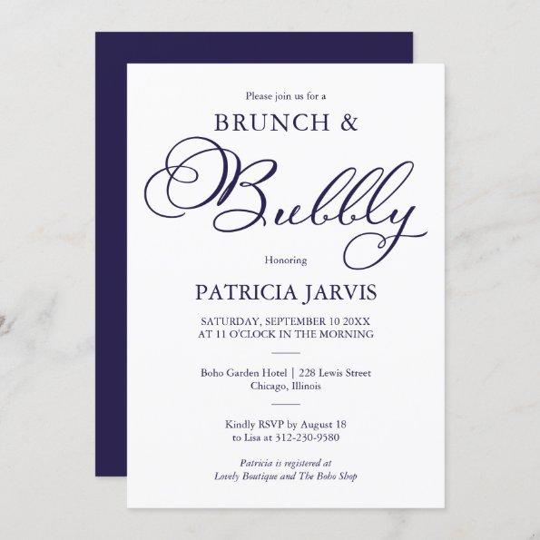 Navy Blue Script Brunch And Bubbly Bridal Shower Invitations