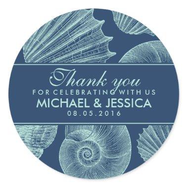 Navy Blue Seashell Wedding Thank You Sticker Label