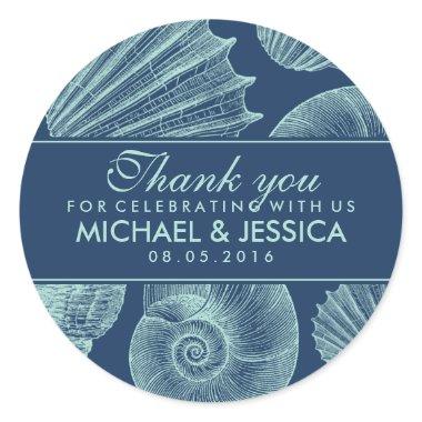 Navy Blue Seashell Wedding Thank You Sticker Label