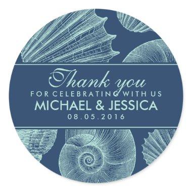 Navy Blue Seashell Wedding Thank You Sticker Label